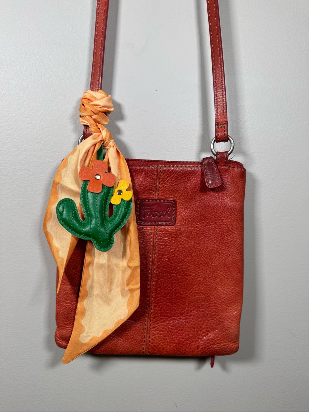 Fossil Burnt Orange Leather Crossbody with Scarf and Cactus Charm